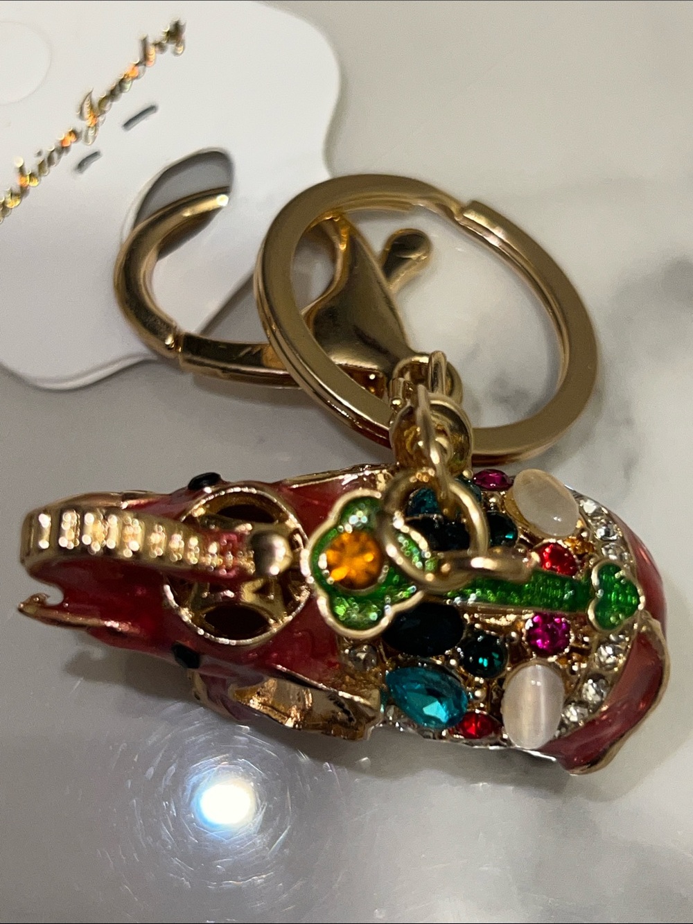 Gold Tone Elephant Bag Charm with Red and Green Enamel & Multicolor Gems - Picture 4 of 8